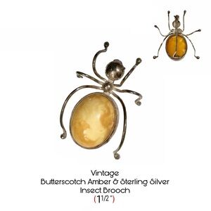 Vintage Sterling Silver Butterscotch Amber Insect Bug Brooch Pin 1.5” Beautiful!